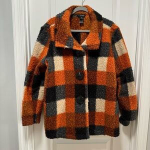 Ali Miles Sherpa Teddy‎ Fleece Coat size XL Buffalo Plaid Orange Black Cream